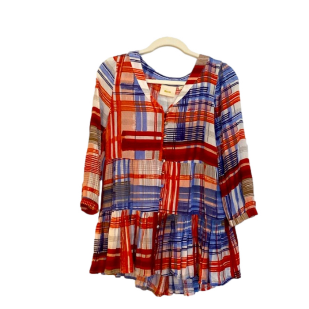 Maeve Anthropologie Lila Tiered Peasant‎ Top Red White Blue Stripe